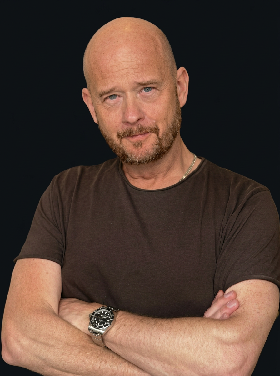 Portrait of Fredrik Hult, co-founder and partner of Xventure Group, with his arms crossed, wearing a dark t-shirt against a dark studio backdrop.