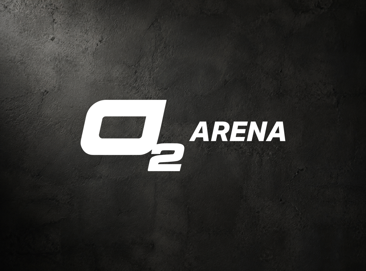 The O2 Arena logo: a white italic O2 ARENA wordmark on a dark textured backdrop.